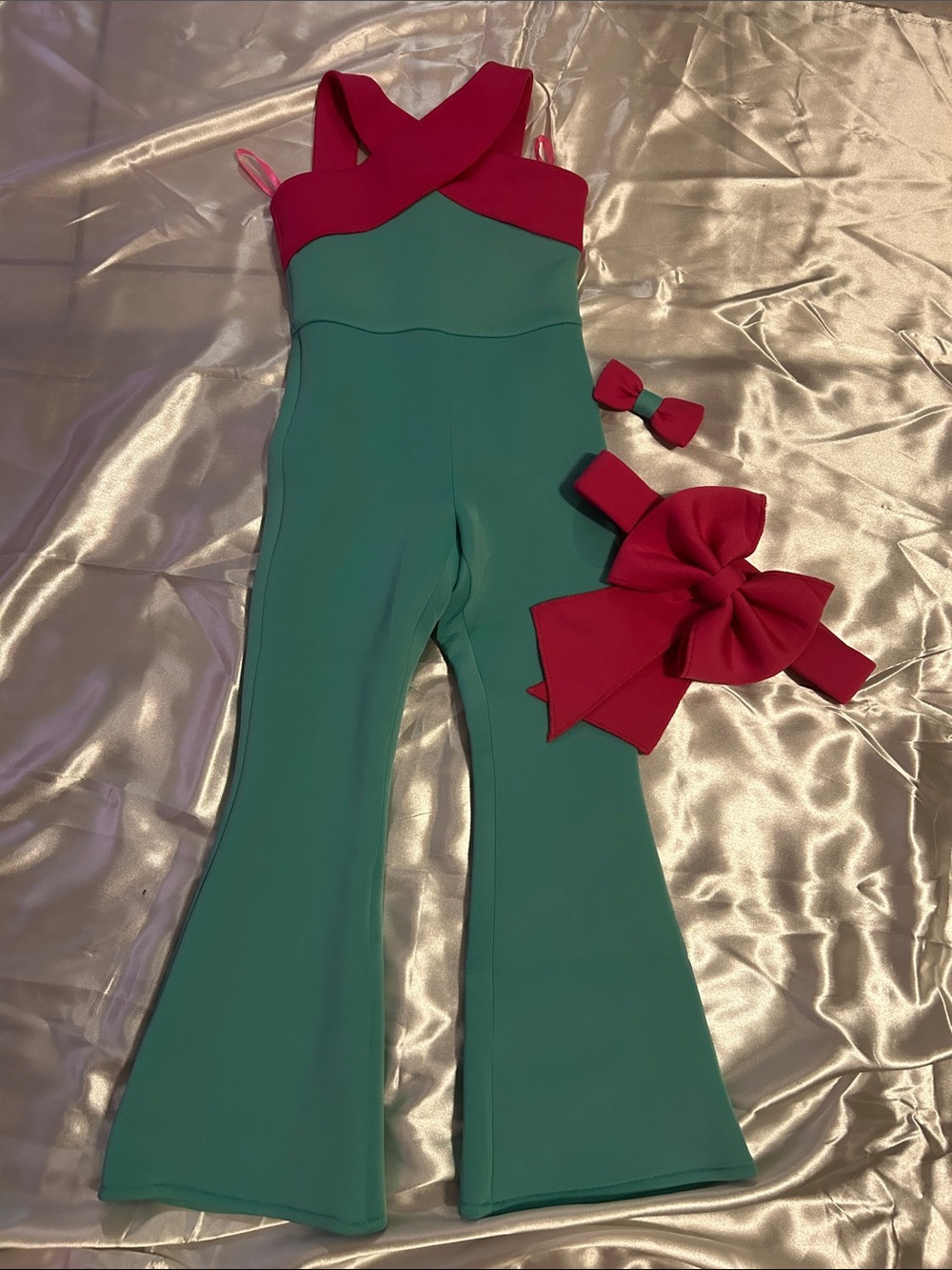 Girls Teal and Fuchsia Cross-Front Jumpsuit with Bow Accents Pageant Wear 👑